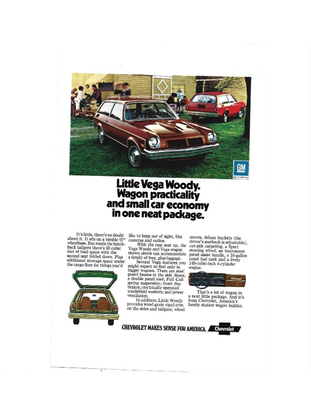 Print Ad Little Vega Woody Chevrolet Station Wagon GM Compact Economy Car 1974